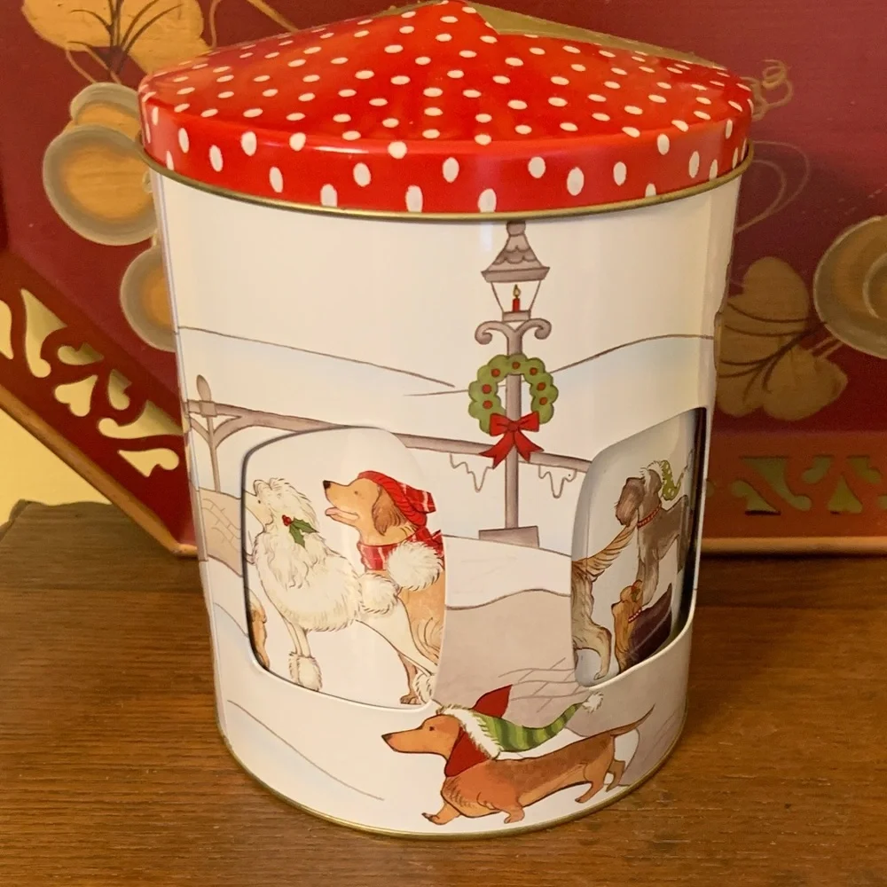 Pier 1 Christmas Rotating Musical Cookie Tin with Winter Dogs PlaysJingle Bells